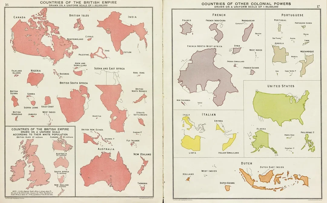 Atlas pages titled Countries of the British Empire and Countries of Other Colonial Powers, listing the British Isles alongside British Guiana, British Honduras and other colonies