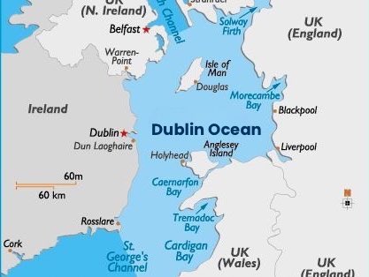 Spoof map with the Irish Sea relabelled the Dublin Ocean