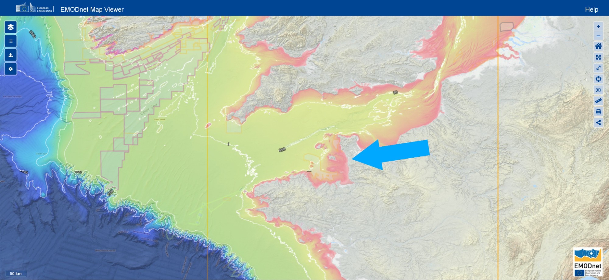 EMODnet seabed map of the English Channel, with an arrow pointing to the Channel Islands in the Gulf of Saint-Malo off the French coast