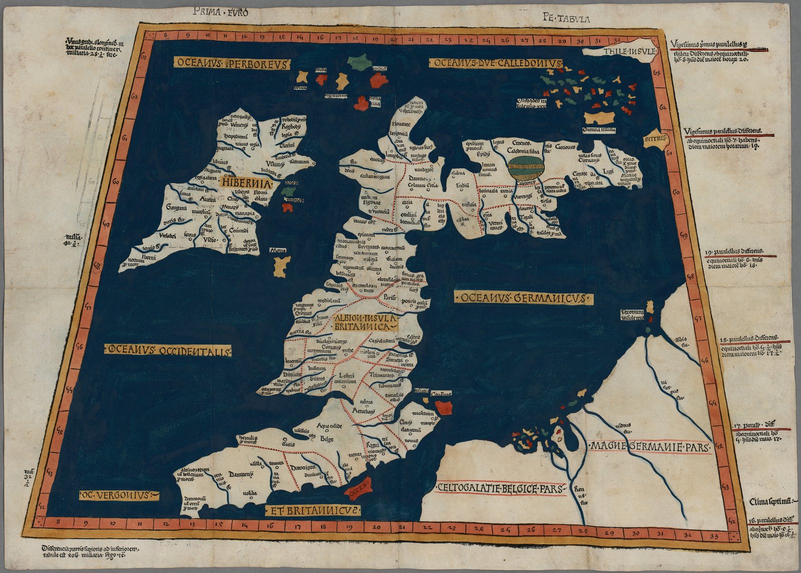 Ptolemy’s first map of Europe from the Ulm edition, with Britain labelled Albion insula Britannica and Ireland labelled Hibernia