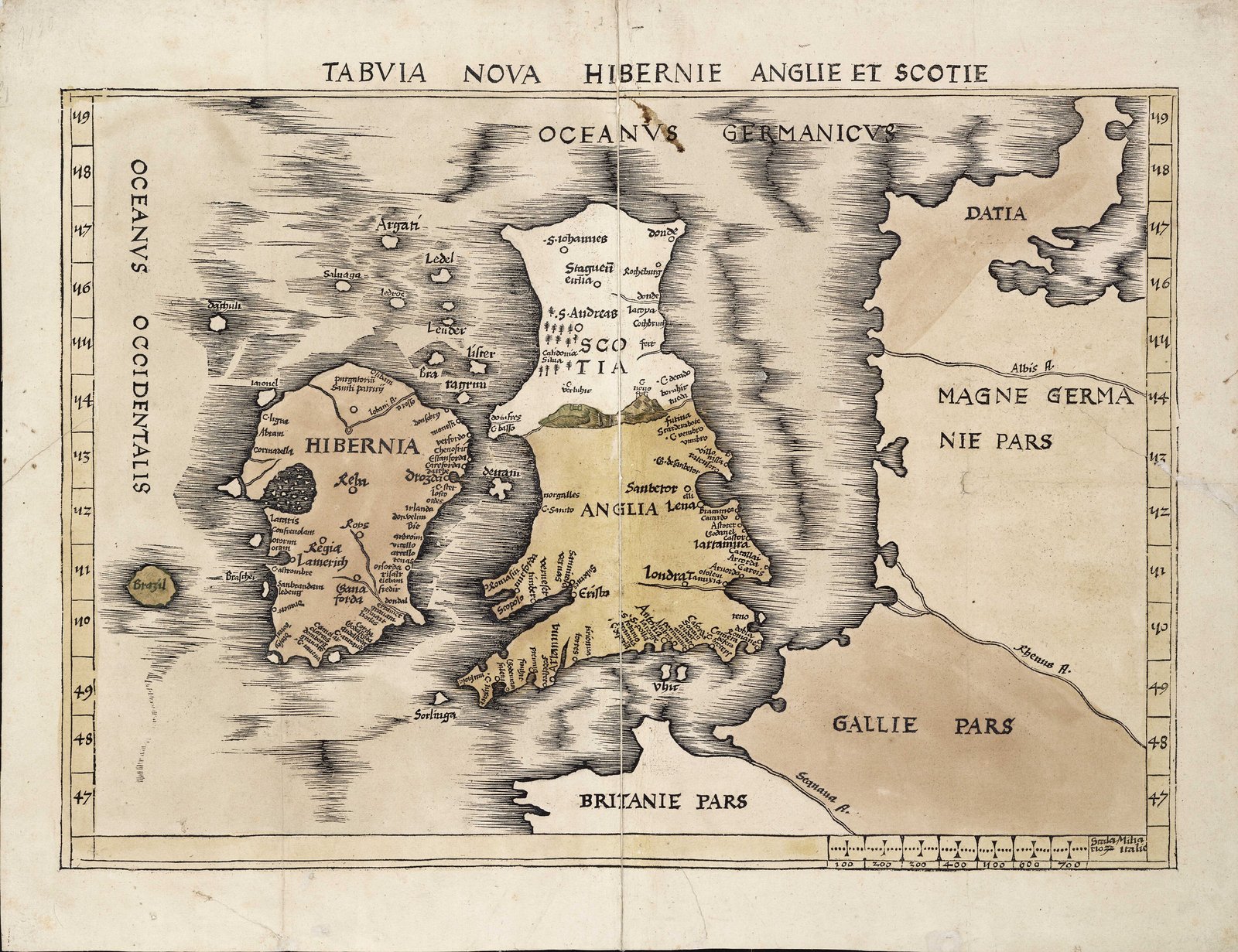 The 1513 Tabula nova Hibernie Anglie et Scotie, labelling Hibernia, Anglia and Scotia, with Britanie pars on the French coast